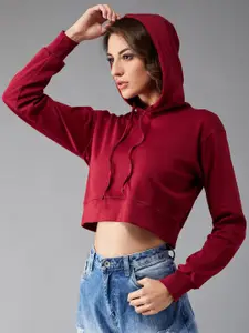 DOLCE CRUDO Women Maroon Solid Hooded Crop Sweatshirt