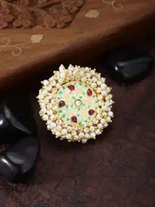 Peora Women Gold-Plated Red & Green Enamel Meenakari Pearl Bead Finger Ring