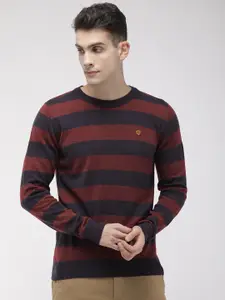 Raymond Men Blue & Maroon Striped Pullover Sweater