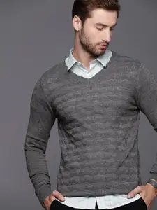 Raymond Men Grey Self Design Pullover Sweater