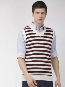 Raymond Men Maroon & White Striped Pullover Sweater