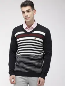 Raymond Men Navy Blue & White Striped V-Neck Pullover Sweater