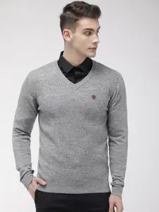 Raymond Men Grey Melange Self Design V-Neck Pullover Sweater