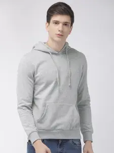 Park Avenue Men Grey Melange Solid Hooded Sweatshirt With Applique Detailing