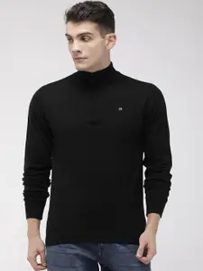 Raymond Men Black Solid Pullover Sweater With Half Zip Closure