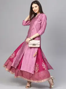 Varanga Women Pink & Magenta Solid Handloom Kurta with Skirt