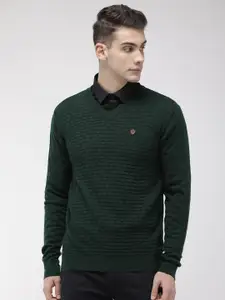 Raymond Men Green Self Design V-Neck Pullover Sweater