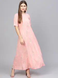 Nayo Women Pink & Golden Floral Printed Maxi Dress