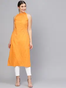 Nayo Women Orange & Off-White Striped Straight Kurta