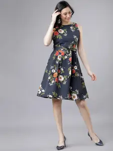 Tokyo Talkies Women Black Printed Fit and Flare Dress