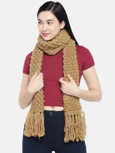 Magic Needles Women Khaki Self Design Bobble Stitch Handmade Scarf