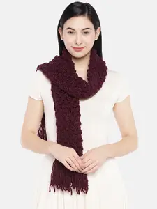 Magic Needles Women Burgundy Self Design Bobble Stitch Handmade Scarf
