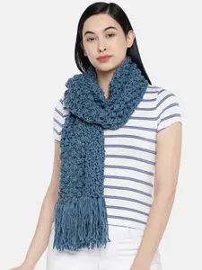 Magic Needles Women Blue Self Design Bobble Stitch Handmade Scarf