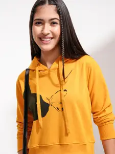 Tokyo Talkies Women Mustard Orange Solid Hooded Sweatshirt