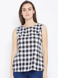 One Femme Women Black & White Checked Regular Pure Cotton Top