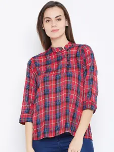 One Femme Women Red Checked A-Line Pure Cotton Top