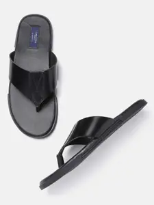 Carlton London Men Black Solid Leather Comfort Sandals
