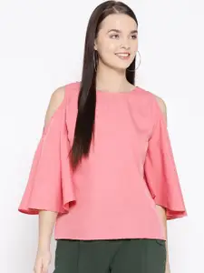 One Femme Women Pink Solid Cold-Shoulder Top