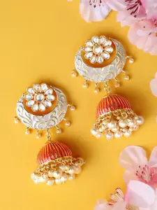 Rubans Gold-Toned & Peach-Coloured Floral Jhumkas