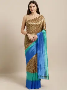 Rajnandini Beige & Blue Silk Blend Printed Tussar Saree