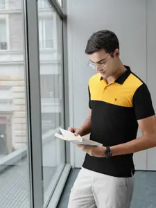 Allen Solly Men Black Colourblocked Polo Collar Pure Cotton T-shirt
