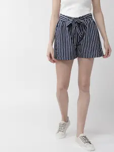 WISSTLER Women Navy Blue & White Striped Regular Fit Shorts