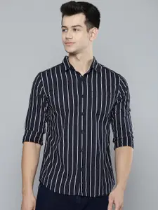 HIGHLANDER Men Navy Blue & White Slim Fit Striped Pure Cotton Casual Shirt