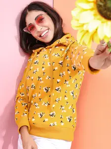 Tokyo Talkies Women Mustard yellow Printed Hooded Sweatshirt