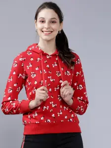 Tokyo Talkies Women Red Printed Hooded Sweatshirt