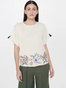 AND Women Off-White Solid Boxy Top With Embroidered Details