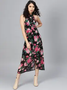 SASSAFRAS Women Black & Pink Floral Print Midi A-Line Dress
