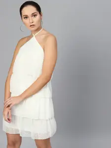 SASSAFRAS Women White Self Design Layered A-Line Dress