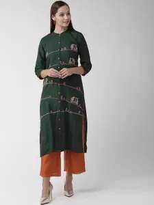 RANGMAYEE Women Green & Orange Quirky Embroidered Straight Kurta
