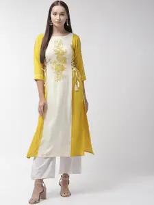 RANGMAYEE Women Off-White & Yellow Embroidered Straight Kurta