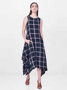 AND Women Navy Blue & Off-White Checked A-Line Dress