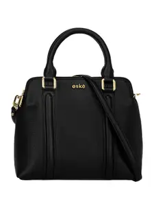Eske Women Black Solid Sienna Leather Dual Zip Closure Contrast Handles Satchel Handbag