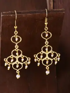Voylla Brass-Plated Gold-Toned Jaali Pearl Contemporary Drop Earrings