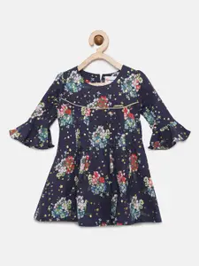 Peppermint Girls Navy Blue Floral Printed Fit and Flare Dress