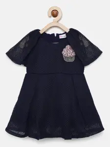 Peppermint Girls Navy Blue Self Design Fit and Flare Dress