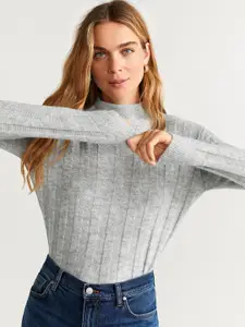MANGO Women Grey Melange Striped Sweater