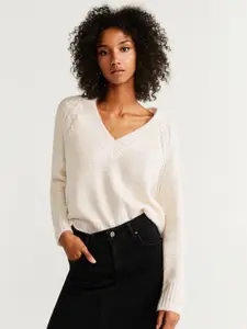 MANGO Women Off-White Solid Sweater
