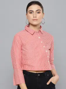STREET 9 Women Red & White Regular Fit Striped Cropped Casual Shirt