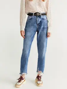MANGO Women Blue Straight Fit High-Rise Mildly Distressed Jeans