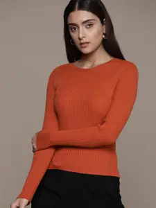 MANGO Women Rust Red Ribbed Pullover Sweater