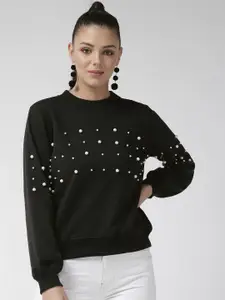 plusS Women Black Embellished Detail Sweatshirt