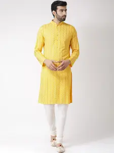 KISAH Men Yellow & White Printed Kurta with Churidar