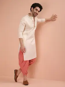 KISAH Men Solid Regular Fit Thread Work Kurta Dhoti Set