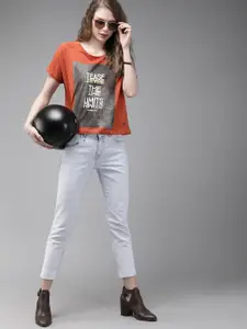 The Roadster Lifestyle Co Women Rust Brown Printed Round Neck Pure Cotton T-shirt