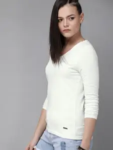 Roadster Women White Solid V-Neck T-shirt