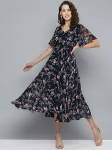 RARE Navy Blue & Pink Floral Printed Fit and Flare Dress